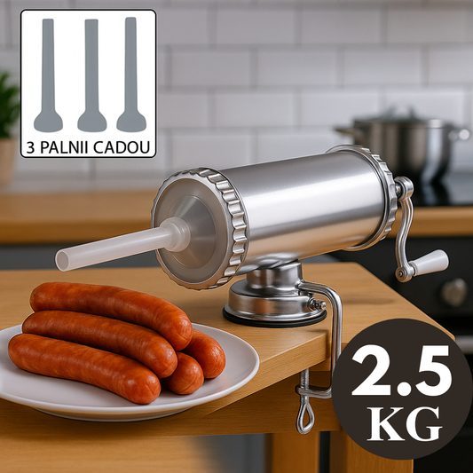 Masina de umplut carnati din inox 2.5Kg cu prindere ventuza si menghina, 3 palnii incluse