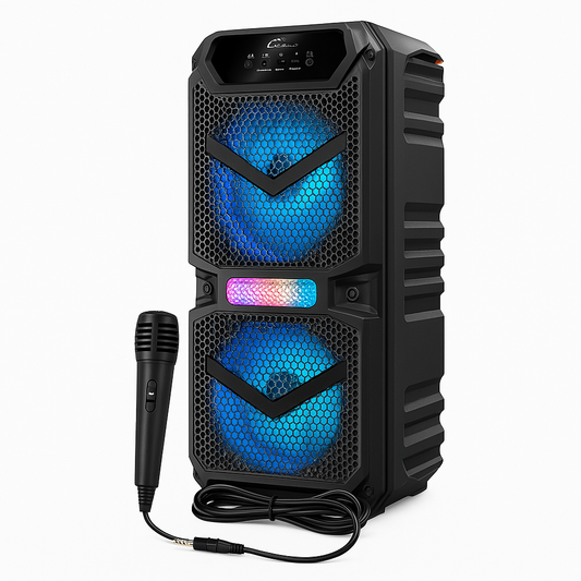 Boxa Bluetooh Cu Acumulator, 55x20x18 cm, 2x10W RMS, difuzoare mari de 8 inch, sunet clar si puternic + BONUS 1x Microfon pentru Karaoke