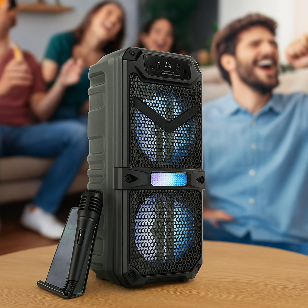 Boxa Bluetooh Cu Acumulator, 55x20x18 cm, 2x15w RMS, difuzoare mari de 8 inch, sunet clar si puternic + BONUS 1x Microfon pentru Karaoke