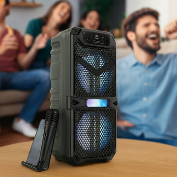 Boxa Bluetooh Cu Acumulator, 55x20x18 cm, 2x15w RMS, difuzoare mari de 8 inch, sunet clar si puternic + BONUS 1x Microfon pentru Karaoke
