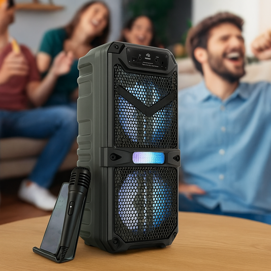 Boxa Bluetooh Cu Acumulator, 55x20x18 cm, 2x15w RMS, difuzoare mari de 8 inch, sunet clar si puternic + BONUS 1x Microfon pentru Karaoke