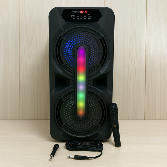 Boxa Portabila Bluetooth, 50 Cm inaltime, 2x 15w RMS, Difuzoare Mari 8 INCH, Acumulator Reincarcabil, Jocuri de lumini + BONUS 1x Microfon pentru Karaoke