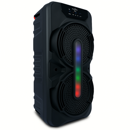Boxa Portabila Bluetooth, 50 Cm inaltime, 2x10W RMS, Difuzoare Mari 8 INCH, Acumulator Reincarcabil, Jocuri de lumini
