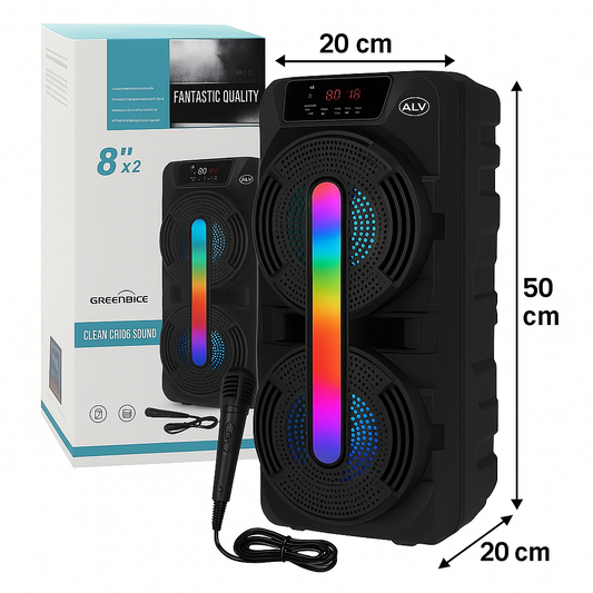 Boxa Portabila Bluetooth, 50 Cm inaltime, 2x 15w RMS, Difuzoare Mari 8 INCH, Acumulator Reincarcabil, Jocuri de lumini + BONUS 1x Microfon pentru Karaoke