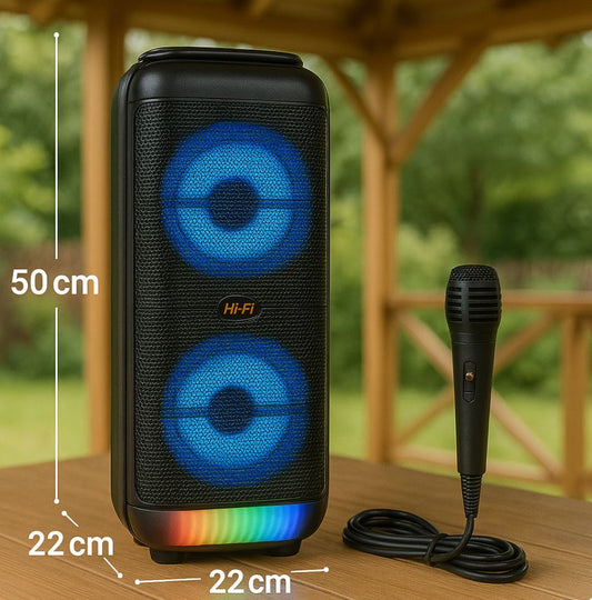 Boxa portabila Bluetooth cu Acumulator Incorporata, 300W PMPO, efecte luminoase, 2 difuzoare HDQ, dimensiuni 50x22x22 cm, sunet clar si puternic + BONUS microfon inclus pentru karaoke