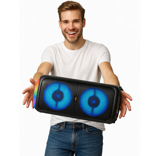 Boxa portabila Bluetooth cu Acumulator Incorporata, 300W PMPO, efecte luminoase, 2 difuzoare HDQ, dimensiuni 50x22x22 cm, sunet clar si puternic + BONUS microfon inclus pentru karaoke