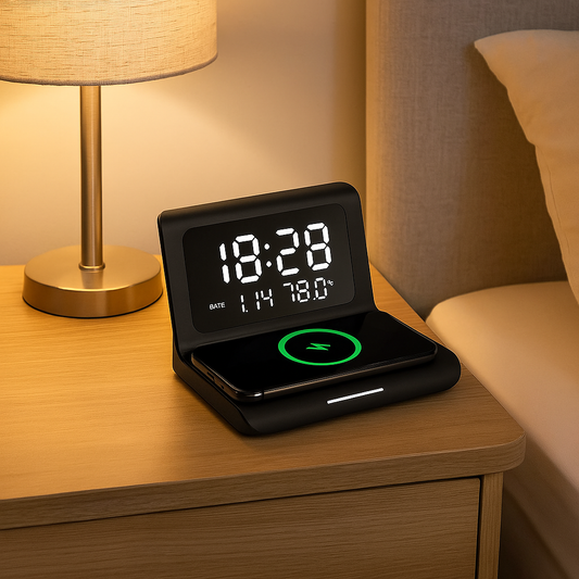 Ceas digital cu alarma si statie incarcare wireless rapida, model DigitalStation, afisaj LED ora, data si temperatura