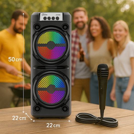 Boxa Bluetooth cu Acumulator, 300w PMPO, jocuri de lumini, 2x difuzoare HDQ, 50x22x22 cm, sunet Puternic si Clar + Bonus Microfon pt Karaoke