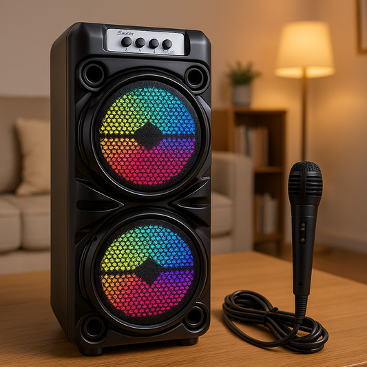Boxa Bluetooth cu Acumulator, 300w PMPO, jocuri de lumini, 2x difuzoare HDQ, 50x22x22 cm, sunet Puternic si Clar + Bonus Microfon pt Karaoke