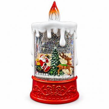 Lumânare decorativă de Crăciun cu luminițe și efect de ninsoare activat din buton