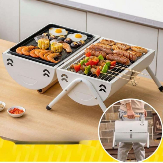 Gratar Carbune Portabil, Design Dublu, 38x25cm, Metal Rezistent, Maner Lemn, Ideal pentru Camping, Gradina si Excursii