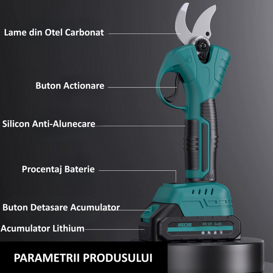 Foarfeca Electrica Profesionala 48VF 5Ah cu 2 Acumulatori Puternici pentru Vita de Vie si Crengi Groase pana la 30 mm – Autonomie Extinsa si Taiere Precisa