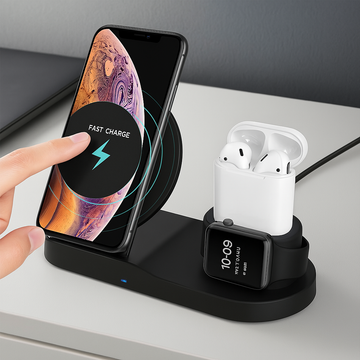 Incarcator wireless 3 in 1 Fast Charge pentru telefon, smartwatch si casti, incarcare rapida si simultana