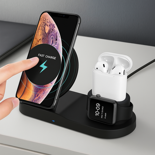Incarcator wireless 3 in 1 Fast Charge pentru telefon, smartwatch si casti, incarcare rapida si simultana