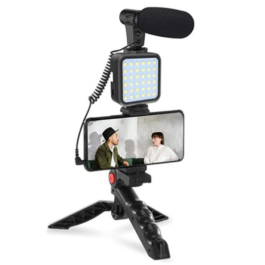 Kit Vlogging pentru Smartphone cu Trepied, Microfon, Lumina LED si Telecomanda Bluetooth – Suport 360°, Ideal pentru YouTube, TikTok si Selfie-uri