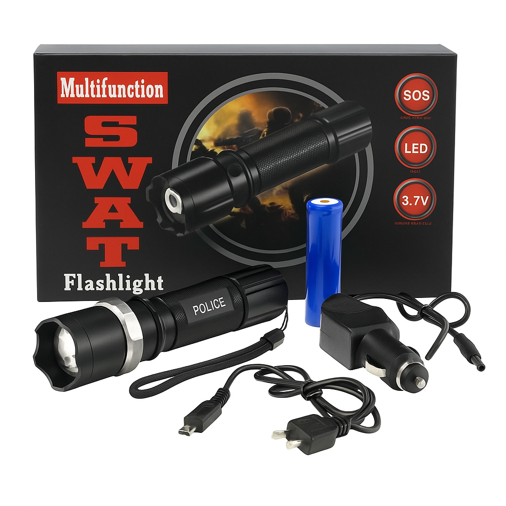 Lanterna LED 3.7W, puternica, cu acumulator, fabricata din metal, zoom reglabil, rezistenta la precipitatii