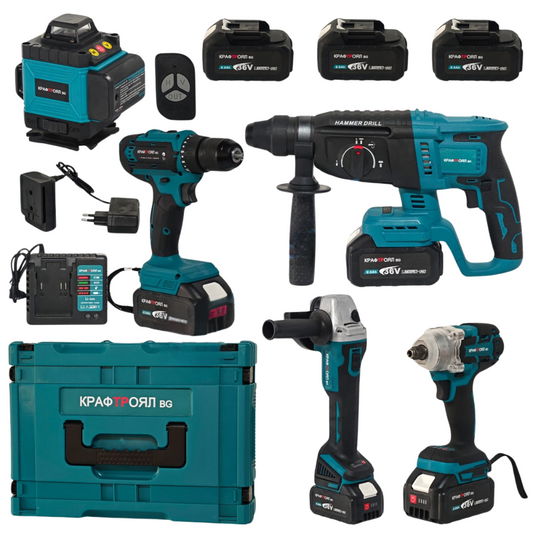 Trusa Profesionala de Scule 4 Piese: Autofiletanta cu Percutie, Flex, Bormasina cu Impact, Rotopercutor, 3 Acumulatori 36v/8ah + BONUS 1x Nivela cu Laser, 2 Acumulatori + Telecomanda