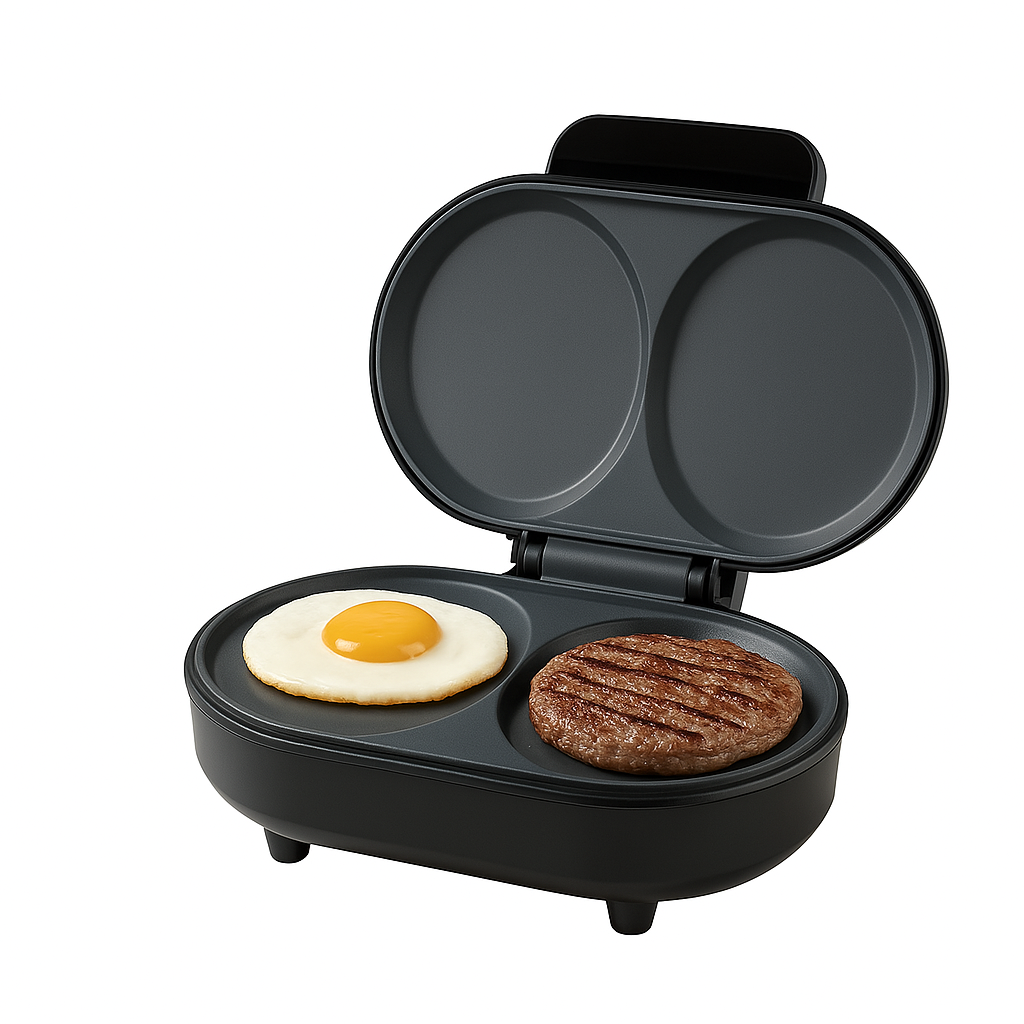 Aparat de Facut Burgeri si Omlete 850W cu 2 Compartimente si Suprafata Antiaderenta – Gatire Rapida si Sanatoasa