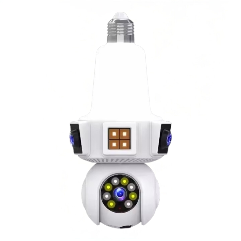 Camera Supraveghere WiFi Smart cu 3 Obiective, Soclu E27, Full HD 1080P, Vedere Panoramica 360°, Viziune Nocturna IR, Audio Bidirectional, Instalare ca un Bec