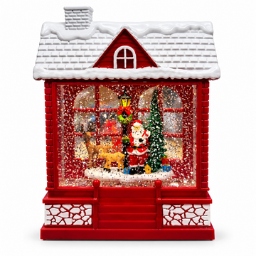 Căsuță decorativă de Crăciun cu lumini și efect de ninsoare activat din buton