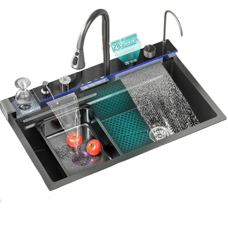 Chiuveta SMART de Bucatarie, 75x46x22 cm, Cuva Dubla cu Cascada si Hidroenergie, fabricata din Otel Inoxidabil, Montaj Incastrat