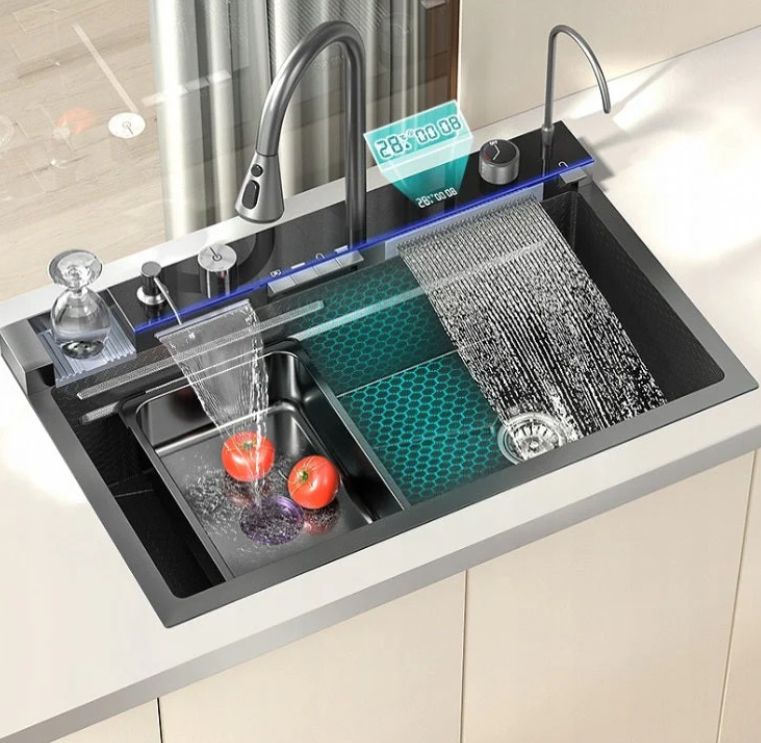 Chiuveta SMART de Bucatarie, 75x46x22 cm, Cuva Dubla cu Cascada si Hidroenergie, fabricata din Otel Inoxidabil, Montaj Incastrat