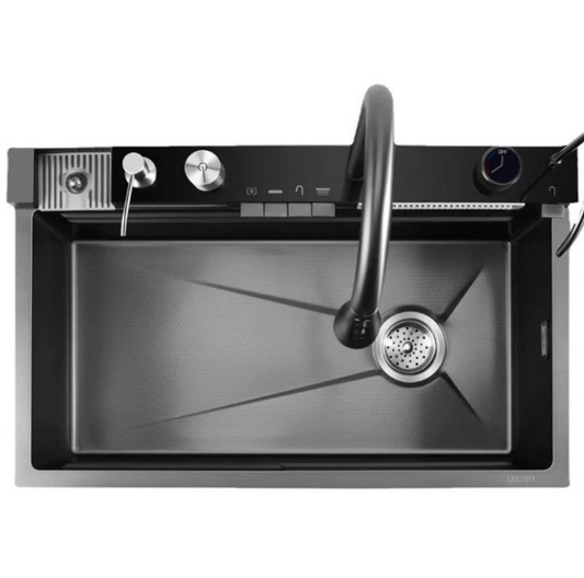 Chiuveta SMART de Bucatarie, 75x46x22 cm, Cuva Dubla cu Cascada si Hidroenergie, fabricata din Otel Inoxidabil, Montaj Incastrat