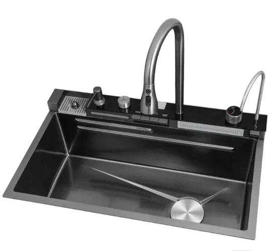 Chiuveta SMART de Bucatarie, 75x46x22 cm, Cuva Dubla cu Cascada si Hidroenergie, fabricata din Otel Inoxidabil, Montaj Incastrat