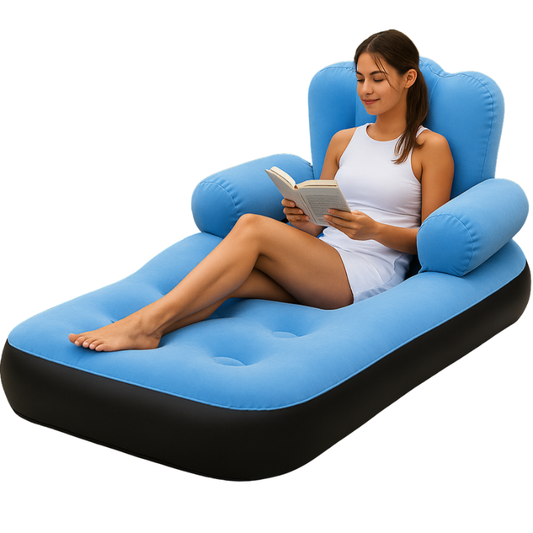 Fotoliu Gonflabil 2 în 1 cu Pompa Inclusa – Canapea & Sezlong, Pliabil, Catifelat, Rezistent la Apa, Albastru/Negru