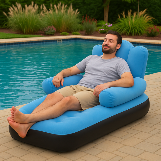 Fotoliu Gonflabil 2 în 1 cu Pompa Inclusa – Canapea & Sezlong, Pliabil, Catifelat, Rezistent la Apa, Albastru/Negru