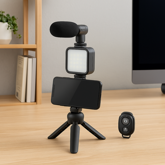 Kit Vlogging pentru Smartphone cu Trepied, Microfon, Lumina LED si Telecomanda Bluetooth – Suport 360°, Ideal pentru YouTube, TikTok si Selfie-uri