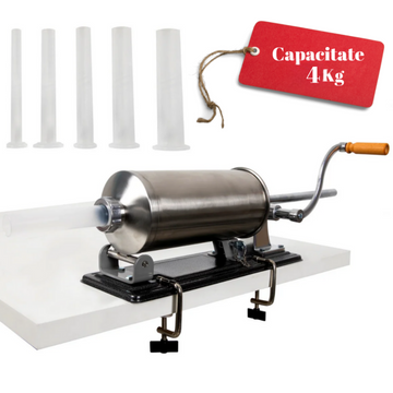 Masina de umplut carnati, 4Kg, 5 Palnii Incluse, orizontal din INOX
