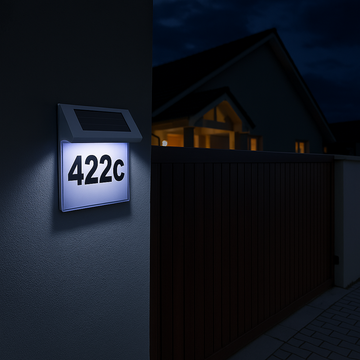 Numar de Casa cu incarcare solara si Iluminare LED, fabricat din Inox, 4 LED-uri, Rezistent la Intemperii, Design Elegant si Montaj Rapid