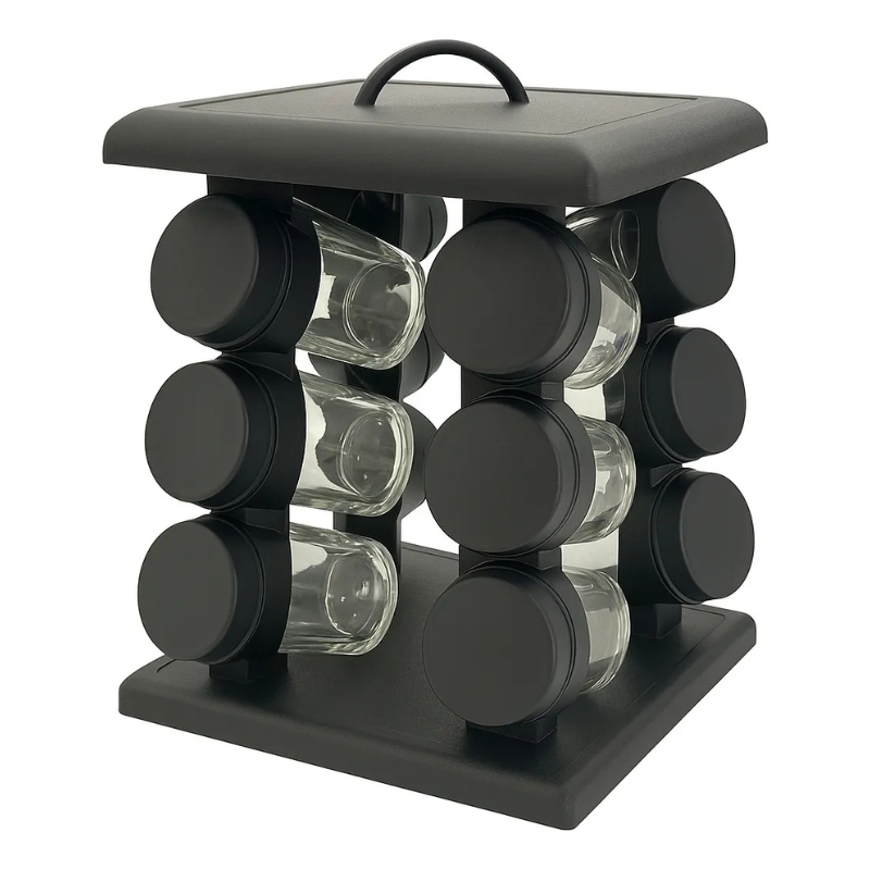 Raft condimente rotativ cu 12 borcane sticla, suport negru modern