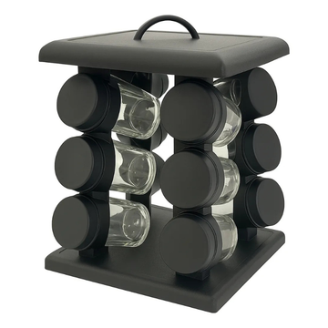 Raft condimente rotativ cu 12 borcane sticla, suport negru modern