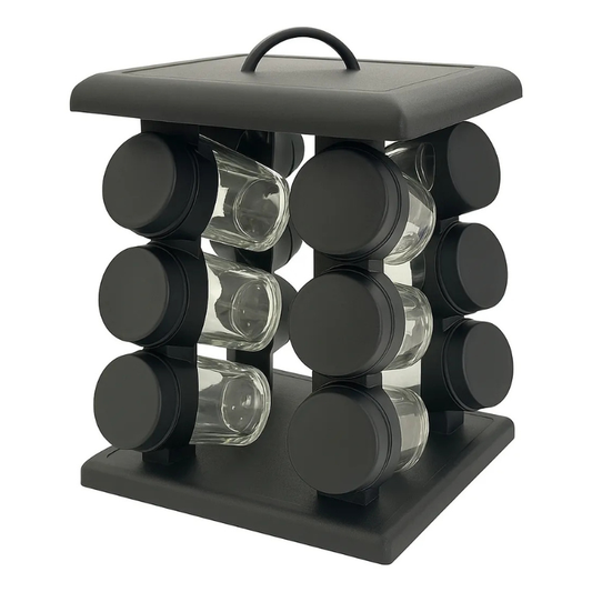 Raft condimente rotativ cu 12 borcane sticla, suport negru modern