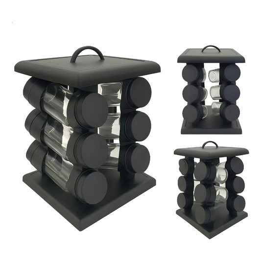 Raft condimente rotativ cu 12 borcane sticla, suport negru modern