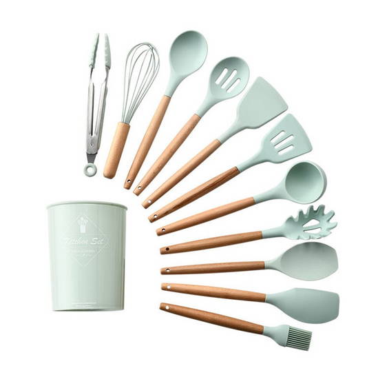 Set 12 ustensile de bucatarie din silicon cu maner din lemn, design ergonomic +