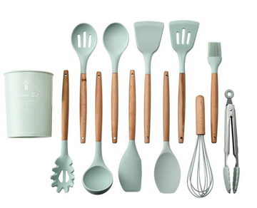 Set 12 ustensile de bucatarie din silicon cu maner din lemn, design ergonomic
