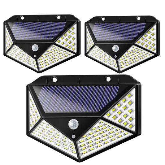 Set 3 lampi solare 100 LED cu senzor de miscare si lumina, rezistente la precipitatii, ideale pentru curte, terasa si zone exterioare