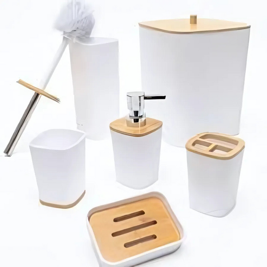 Set Baie 6 Piese Alb cu Lemn – Suport Sapun, Dozator, Perie, Cos Gunoi