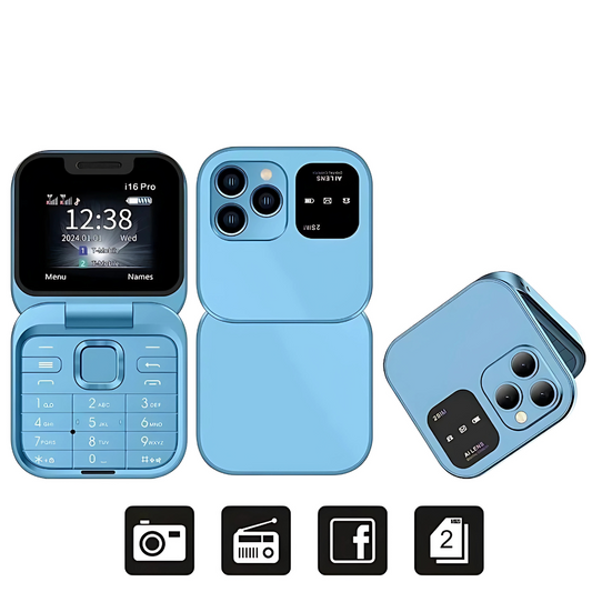 Telefon mobil mini dual SIM, ecran dublu, butoane mari, lanterna, camera, albastru